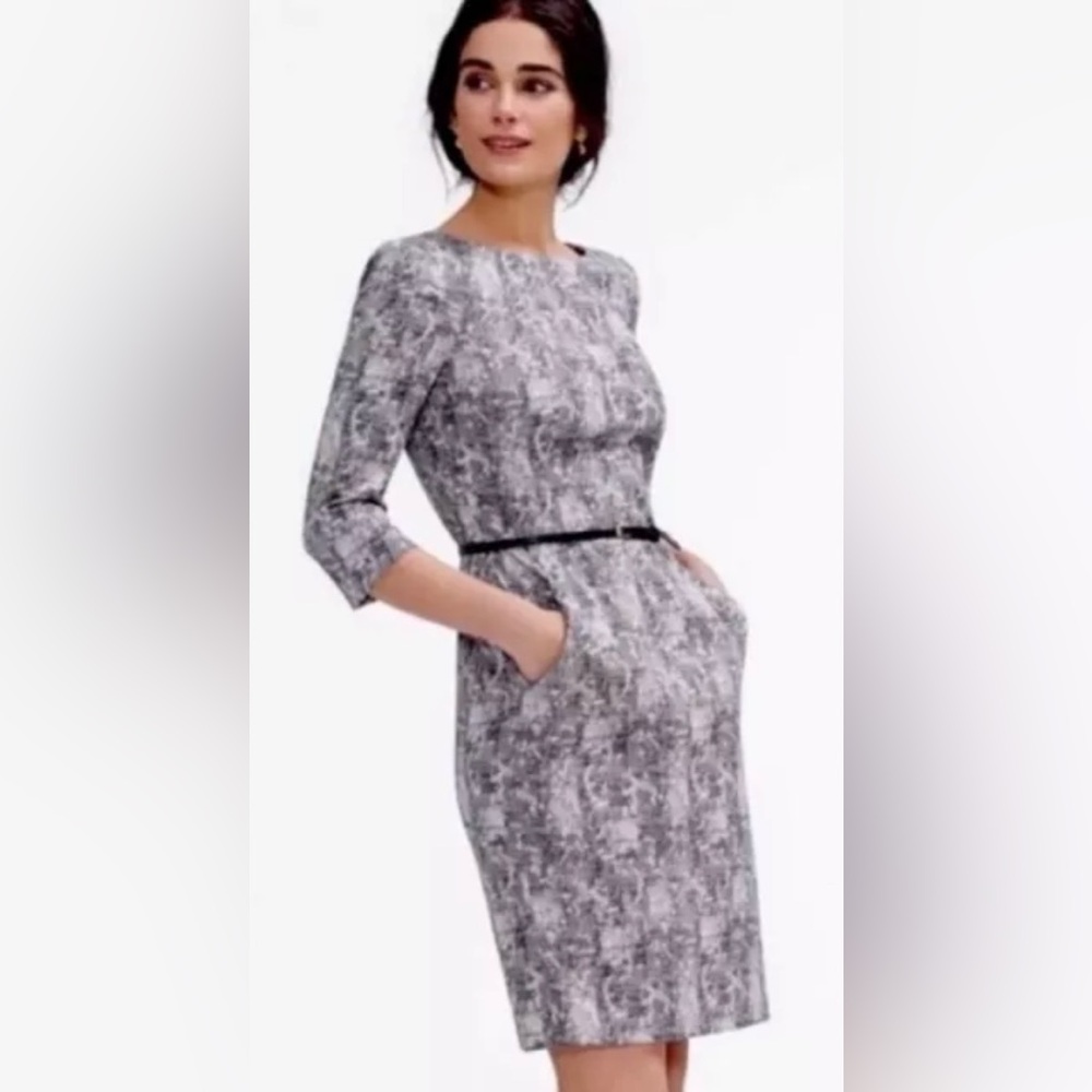 MM LaFleur Etsuko Crackle Sheath Dress 3/4 Sleeve Black Gray Round‎ Neck Size 12 - Picture 7 of 9